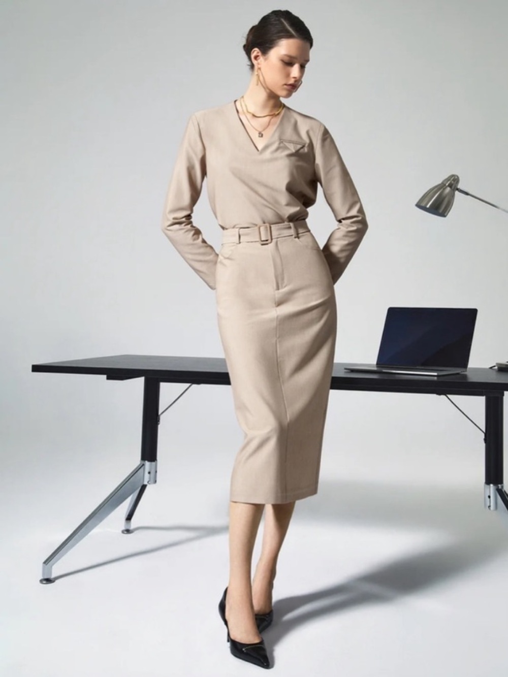 NWT 3-Piece Commense Taupe-Beige Blouse, Pencil Skirt with Belt size XS